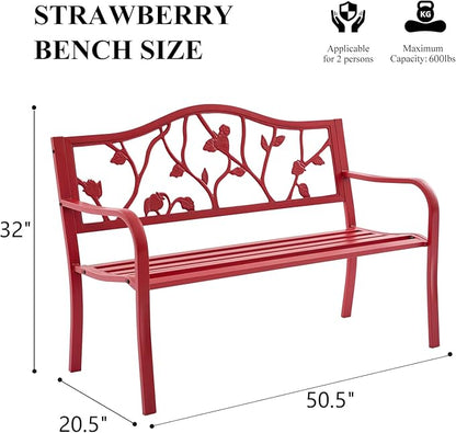 50" Outdoor Garden Bench, Cast Iron Metal Outdoor Benches Weatherproof with Artistic Strawberry Backrest, Red Patio Bench for Porch, Backyard, Lawn