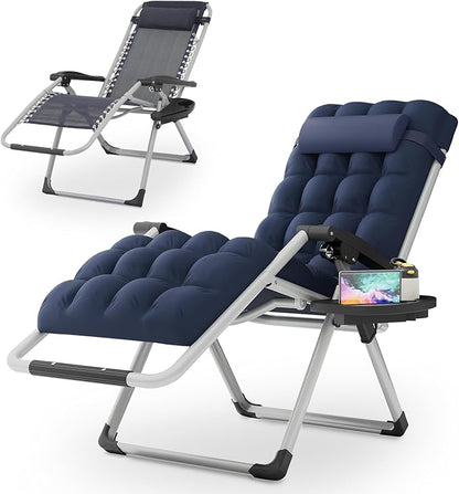 Magshion Zero Gravity Chair with Cushion, Reclining Outdoor Patio Lounge Chair, Folding Indoor Anti Gravity Recliner, Portable Lounger with Removable Cup Holder Side Tray and Pillow Headrest (Blue)