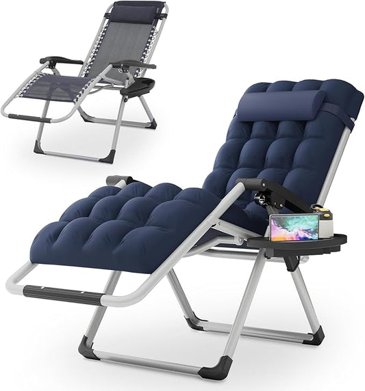 Magshion Zero Gravity Chair with Cushion, Reclining Outdoor Patio Lounge Chair, Folding Indoor Anti Gravity Recliner, Portable Lounger with Removable Cup Holder Side Tray and Pillow Headrest (Blue)