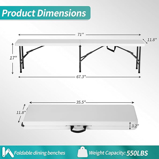 6 Feet Folding Bench Seat Plastic Portable with Metal Legs, Outdoor Rustic Practical Bench w/Handle & Lock, 3-4 People Sturdy Seat for Indoor/Outdoor Party Garden Camping Dining Picnic Use 2 Pack