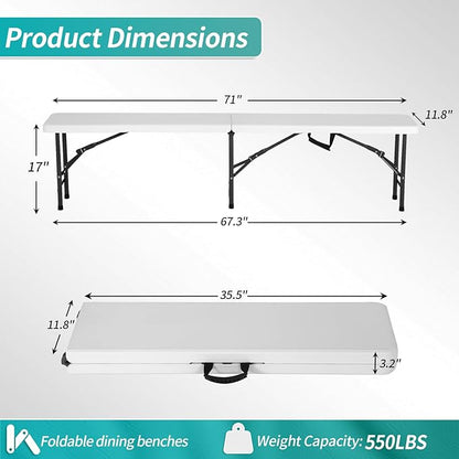 6 Feet Folding Bench Seat Plastic Portable with Metal Legs, Outdoor Rustic Practical Bench w/Handle & Lock, 3-4 People Sturdy Seat for Indoor/Outdoor Party Garden Camping Dining Picnic Use 2 Pack