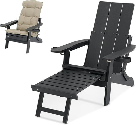 Mega Casa Poly Lumber Adirondack Chair with Cup Holders, Ottoman and Cushion, Adjustable Backrest, All-Weather Resistant HIPS Material, Wood-Like Pattern, Heavy Duty 700 LBS (Iron Black)