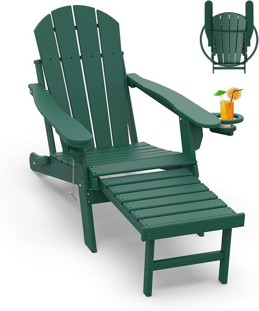 GREENVINES Adirondack-Chairs-with-Ottoman | Folding | Retractable-Footrest | HDPE Plastic | All Weather Fire Pit Chair | Cup Holders | Forest | for Outdoor Poolside