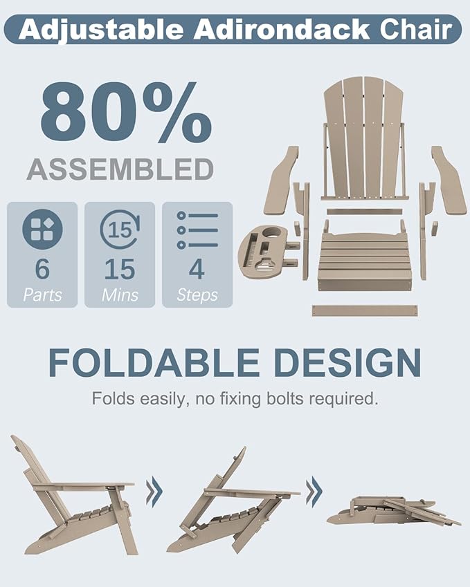 Adjustable Adirondack Chair Set of 8 with Cup Holder, All Weather HDPE Fire Pit Chairs for Deck, Backyard, Patio, Brown