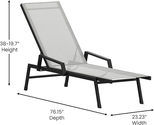 EMMA + OLIVER Braelin Adjustable Patio Chaise Lounge - Gray Textilene Seat - 5 Recline Positions - Metal Frame - All-Weather