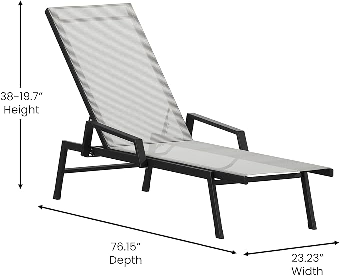 Flash Furniture Brazos Adjustable Chaise Lounge Chair with Arms, All-Weather Outdoor Five-Position Recliner, Black/Gray