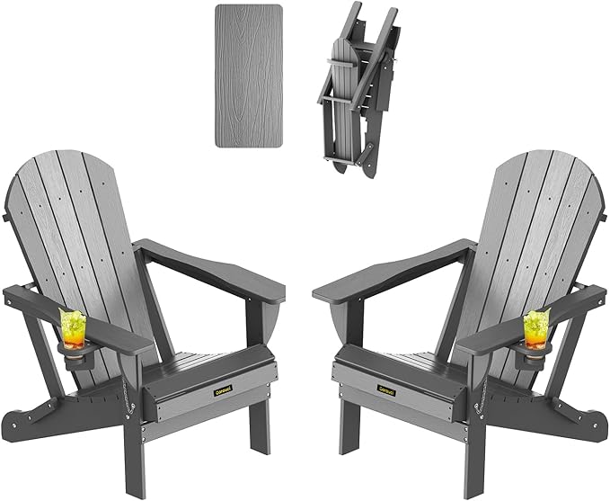 Plastic HDPE Adirondack Chair,Set of 2,Folding Adirondack Chair Weather Resistant with Cup Holder, Wooden Textured Fire Pit Outdoor Chair for Garden, Porch, Lawn, Backyard, Supports 380LBS, Grey