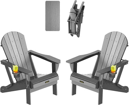 Plastic HDPE Adirondack Chair,Set of 2,Folding Adirondack Chair Weather Resistant with Cup Holder, Wooden Textured Fire Pit Outdoor Chair for Garden, Porch, Lawn, Backyard, Supports 380LBS, Grey