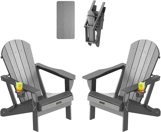 Plastic HDPE Adirondack Chair,Set of 2,Folding Adirondack Chair Weather Resistant with Cup Holder, Wooden Textured Fire Pit Outdoor Chair for Garden, Porch, Lawn, Backyard, Supports 380LBS, Grey