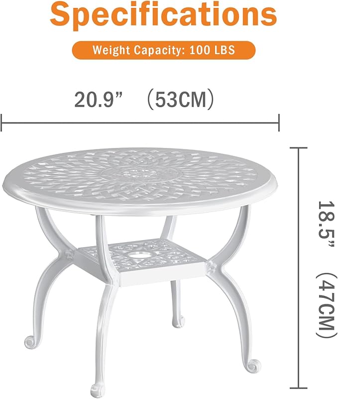 Round Outdoor Coffee Table Set of 2, Cast Aluminum Side Table with Storage,Indoor End Table, All-Weather Bistro Table for Patio Garden Lawn, White