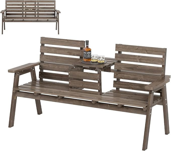 HAPPYGRILL Outdoor Fir Wood Bench with Foldable Middle Table, 2-3 Person Patio Garden Bench with Armrests and Backrests, Wooden Loveseat Chair with 710lbs Capacity (Coffee)