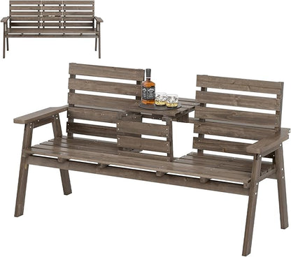 HAPPYGRILL Outdoor Fir Wood Bench with Foldable Middle Table, 2-3 Person Patio Garden Bench with Armrests and Backrests, Wooden Loveseat Chair with 710lbs Capacity (Coffee)
