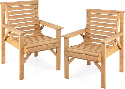 Giantex Set of 2 Outdoor Patio Dining Chairs, Solid Wood Bistro Chairs, Inclined Backrest, Wide Seat, Indoor Outside Chairs for Garden Lawn Porch Yard