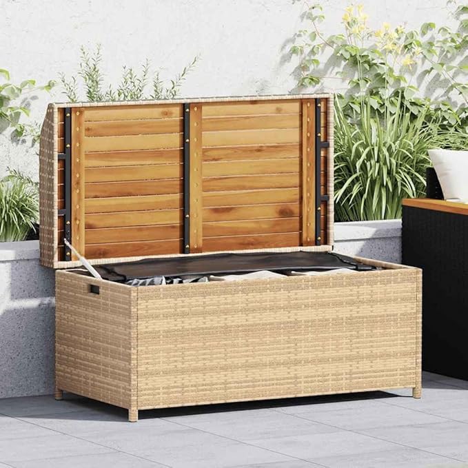 Outdoor Storage Bench with Waterproof Bag, Mix Beige and Brown, Solid Acacia Wood and Poly Rattan, 39.4 Inch Long, Seating for Two, Durable Garden Furniture, Modern Woven