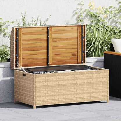 Outdoor Storage Bench with Waterproof Bag, Mix Beige and Brown, Solid Acacia Wood and Poly Rattan, 39.4 Inch Long, Seating for Two, Durable Garden Furniture, Modern Woven
