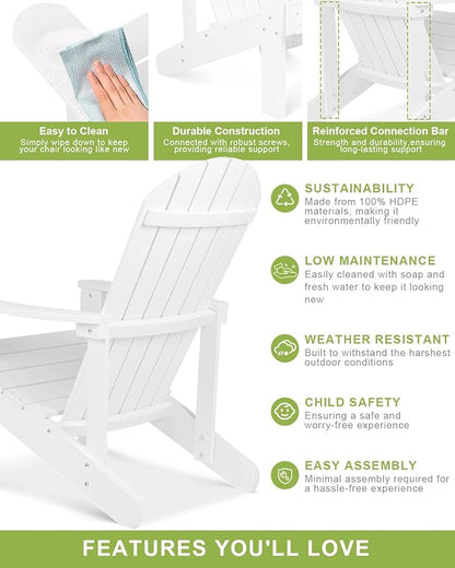 Y&M Adirondack Chair Set of 2, White Fire Pit Chairs, Outdoor Patio Chairs with Cup Holder, Weather Resistant HDPE Wooden Textured Patio Chairs, Perfect for Garden, Lawn, Deck, or Poolside