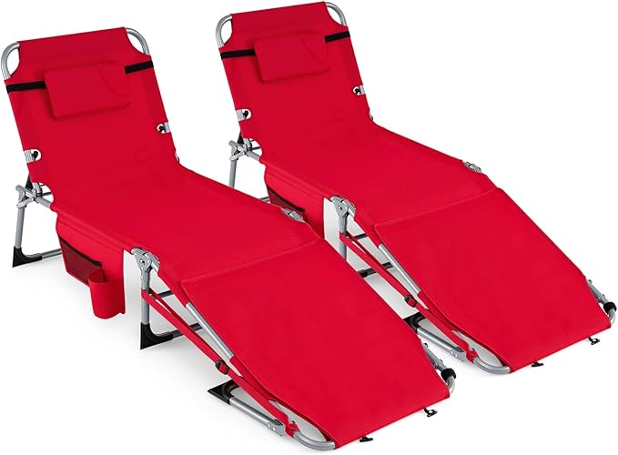 GYMAX Tanning Chair, 330LBS Beach Lounge Chair with Face Arm Hole & Hand Shoulder Strap, Folding Layout Sunbathing Chair, Face Down Outdoor Chaise Lounger for Patio, Poolside, Lawn, Backyard (2, Red)