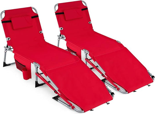 GYMAX Tanning Chair, 330LBS Beach Lounge Chair with Face Arm Hole & Hand Shoulder Strap, Folding Layout Sunbathing Chair, Face Down Outdoor Chaise Lounger for Patio, Poolside, Lawn, Backyard (2, Red)