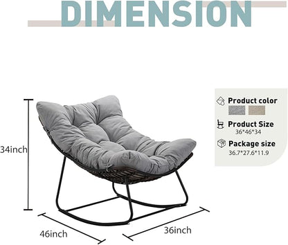 Outdoor Papasan Rocking Chair Oversized Set of 2 - Rocking Chair with Soft Cushion, 30° Rocker Egg Chair for Patio, Front Porch, Backyard, Living Room, Grey