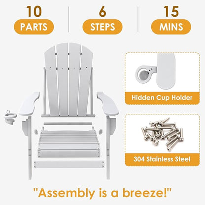 IVY&LANE Folding-Adirondack-Chairs-Set-of-2 | HDPE Plastic | Outdoor Fire Pit Chair with Cup Holder | White | Poly | Weather Resistant | for Patio Deck Poolside Garden Beach