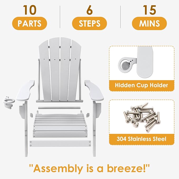 IVY&LANE Folding-Adirondack-Chairs-Set-of-4 | HDPE Plastic | Outdoor Fire Pit Chair with Cup Holder | White | Poly | Weather Resistant | for Patio Deck Poolside Garden Beach