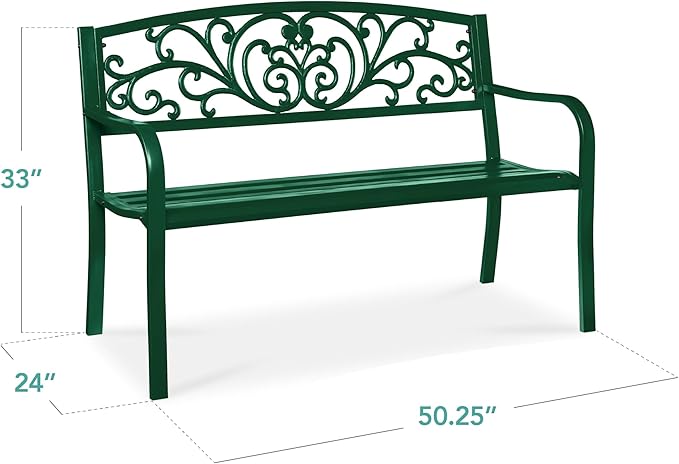 Best Choice Products Outdoor Bench Steel Garden Patio Porch Furniture for Lawn, Park, Deck w/Floral Design Backrest - Photo 2