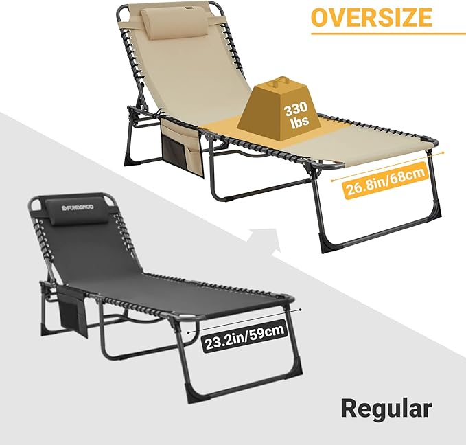 KingCamp Oversized Lounge Chair, Folding Portable Tanning Chairs Comfy Adjustable 5-Position Foldable Chaise Chaser Lounger with Pillow for Outdoor Beach Patio Sun Bathing Pool Backyard, Khaki