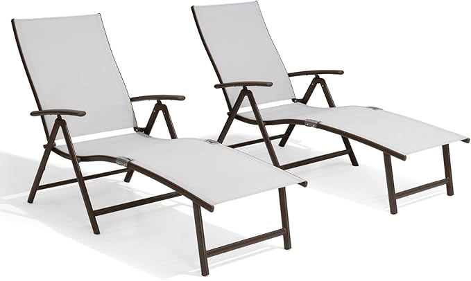 Crestlive Products Chaise Lounge Chair Outdoor Set of 2, Aluminum Folding Patio Recliner Chair, Adjustable 8 Positions Assemble-Free Perfect for Beach, Yard, Pool, Deck