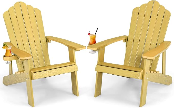 Giantex Outdoor Adirondack Chair - Oversized Patio Chairs w/Hidden Cup Holder, Realistic Wood Grain, 380 LBS Weight Capacity, Weather Resistant Firepit Chairs for Backyard, Garden (2, Yellow)
