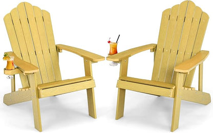 Giantex Outdoor Adirondack Chair - Oversized Patio Chairs w/Hidden Cup Holder, Realistic Wood Grain, 380 LBS Weight Capacity, Weather Resistant Firepit Chairs for Backyard, Garden (2, Yellow)