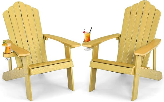 Giantex Outdoor Adirondack Chair - Oversized Patio Chairs w/Hidden Cup Holder, Realistic Wood Grain, 380 LBS Weight Capacity, Weather Resistant Firepit Chairs for Backyard, Garden (2, Yellow)