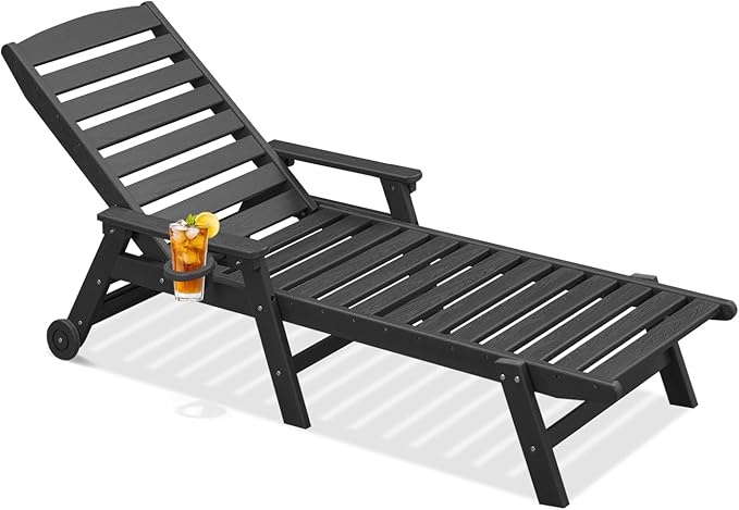 HDPE Outdoor Chaise Lounge, 78.4'' Poly Lounge Chair with Rolling Wheels & Cup Holder, 5 Positions Adjustable Outdoor Lounger, HDPE Patio Chaise Lounge Chair for Pool, Backyard, Obsidian