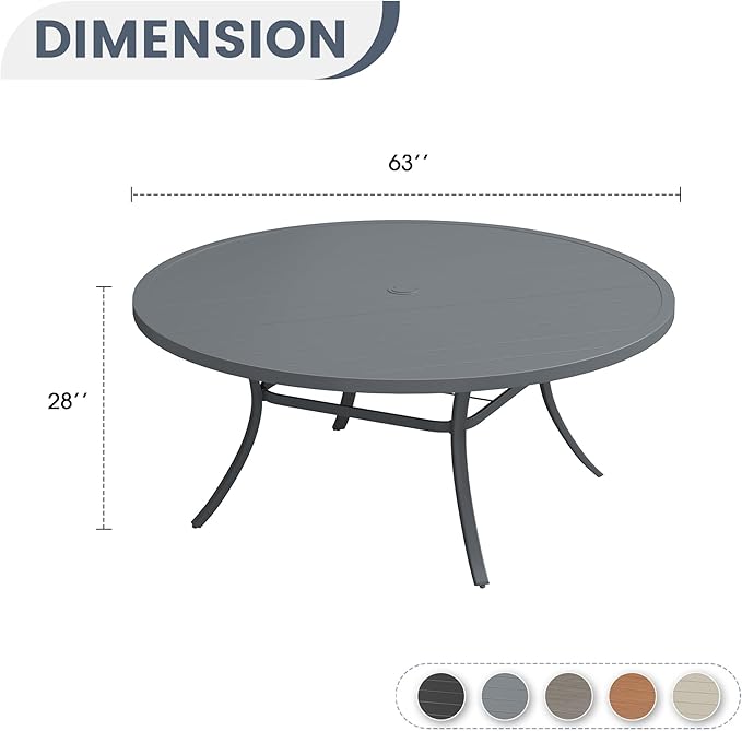 VICLLAX 63" Outdoor Patio Dining Table for 8-10, Metal Round Table with Umbrella Hole for Deck Lawn Garden Backyard, Dark Grey
