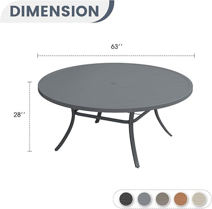 VICLLAX 63" Outdoor Patio Dining Table for 8-10, Metal Round Table with Umbrella Hole for Deck Lawn Garden Backyard, Dark Grey