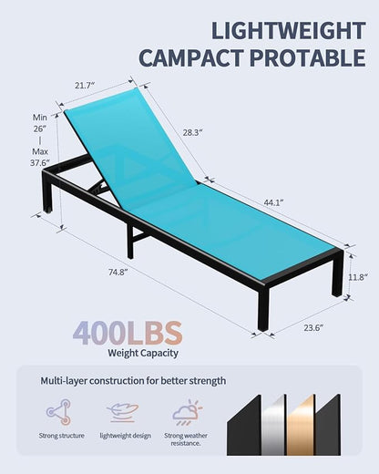 Aluminum Lounge Chairs Outdoor Chaise Furniture,2 Sets Patio Metal Deck Lounger Adjustable 5-Position Poolside Chase Recliner with Wheels for Beach,Coffee Table, (Blue, 2 Chairs + Table)