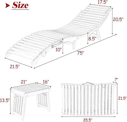 Tangkula 3 Pcs Folding Patio Solid Eucalyptus Wood Lounge Chair Set, Outdoor Lounger Chair w/Foldable Side Table, Double-Sided Cushion Lounger Chairs Set for Garden Lawn Backyard(Red & White)