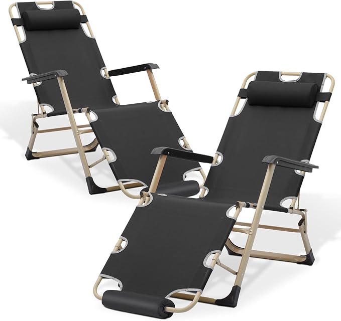 Athena Collection Zero Gravity Outdoor Lounge Chair Set of 2, 26" Width Reclining Pool Lounge Lawn Chairs Recliner with Headrest Foot Pad, Outdoor Chaise for Beach Patio Backyard Outside, Black