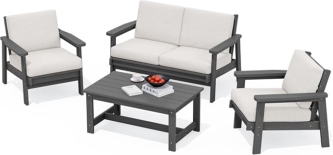 SERWALL HDPE Outdoor Furniture Set 4, All Weather Wood-Like Outdoor Sofa Sectional Couch - Photo 1