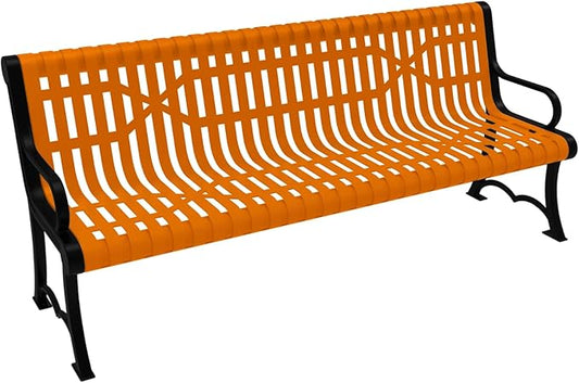 COATEDOUTDOORFURNITURE Heavy-Duty Outdoor Bench Thermoplastic Coated, Slatted Steel, Commercial-Grade Garden Bench, Made in America (Portable with Back, 6 Ft, Textured Orange)