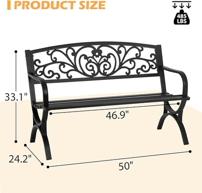 PayLessHere Black Outdoor Metal Loveseat Chairs Patio Garden Bench 50-inch Slatted Seat Armrests Floral Design Plastics Backres Perfect for Park, Yard, Porch, Lawn, Balcony, Backyard