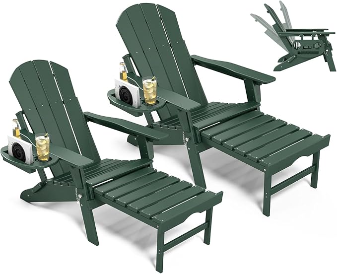 Adjustable Adirondack Chair with Retractable Ottoman Set of 2, HDPE Folding Adirondack Chair with Cup Holder, All Weather Fire Pit Chair for Outdoor.