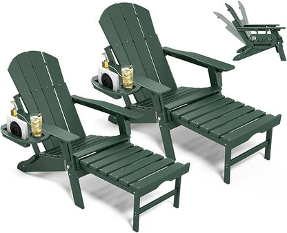 Adjustable Adirondack Chair with Retractable Ottoman Set of 2, HDPE Folding Adirondack Chair with Cup Holder, All Weather Fire Pit Chair for Outdoor.