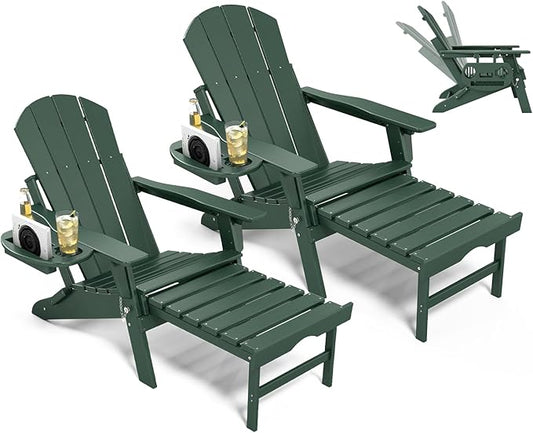 Adjustable Adirondack Chair with Retractable Ottoman Set of 2, HDPE Folding Adirondack Chair with Cup Holder, All Weather Fire Pit Chair for Outdoor.