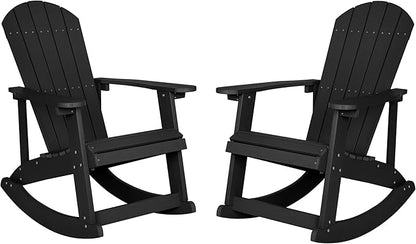 EMMA + OLIVER Marcy All Weather Rocking Chair - Set of 2 - Black Poly Resin - Classic Adirondack Design - UV Resistant Coating - Stainless Steel Hardware