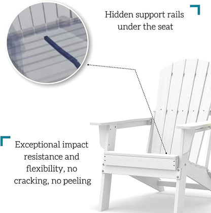 Folding Adirondack Chair Set of 2, HDPE Outdoor Patio Chair with Cup Holder, All Weather Plastic Lawn Chair with Wide Armrests, Portable Patio Chair for Backyard Deck Garden Fire Pit Poolside, White