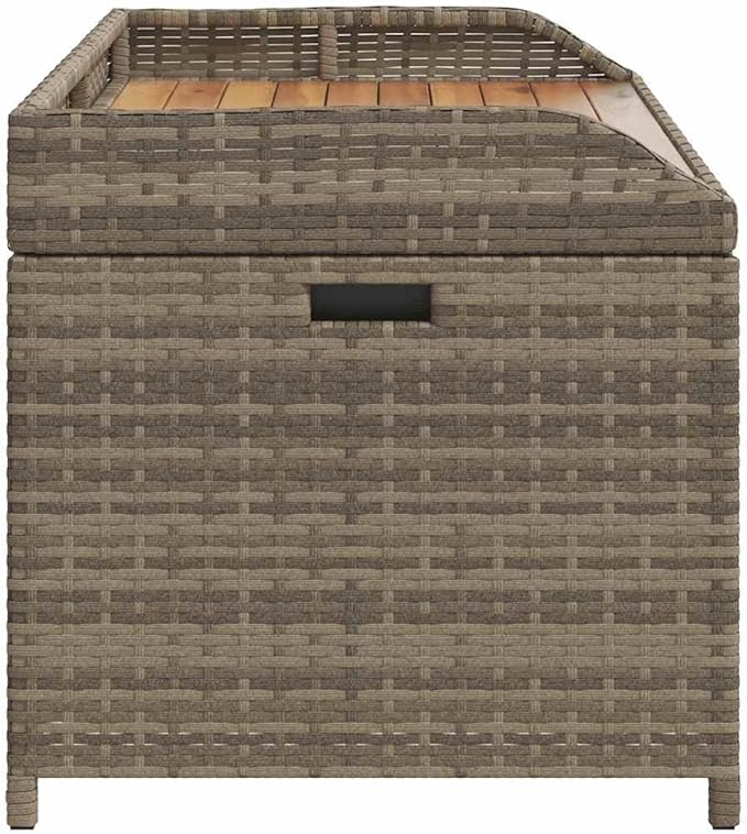 Storage Bench Grey and Brown, Modern Poly Rattan and Acacia Wood Storage Bench with Gas Spring Lid, UV Resistant and Water-Resistant for Patio Balcony Garden, Ample Capacity