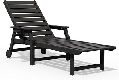 5-Position Adjustable Patio Chaise Lounge - 78'' HDPE Outdoor Lounger with Rolling Wheels & Cup Holder, Longer, Wider, Higher - Perfect for Poolside & Deck, Black