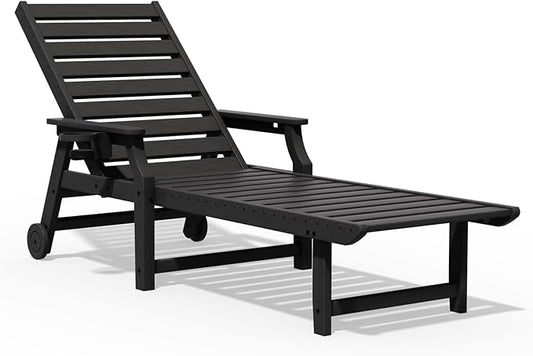 5-Position Adjustable Patio Chaise Lounge - 78'' HDPE Outdoor Lounger with Rolling Wheels & Cup Holder, Longer, Wider, Higher - Perfect for Poolside & Deck, Black