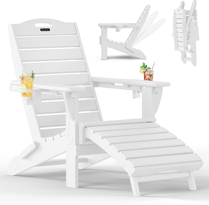 Folding Adirondack Chair with Retractable Ottoman, Weather Resistant Fire Pit Chair Patio Chair with 2 Cup Holder Lawn Outdoor Lounge Chair (White)