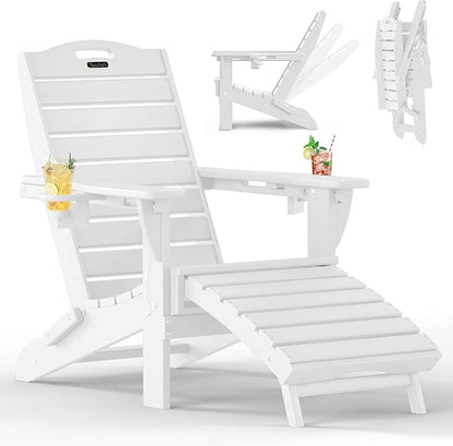 Folding Adirondack Chair with Retractable Ottoman, Weather Resistant Fire Pit Chair Patio Chair with 2 Cup Holder Lawn Outdoor Lounge Chair (White)